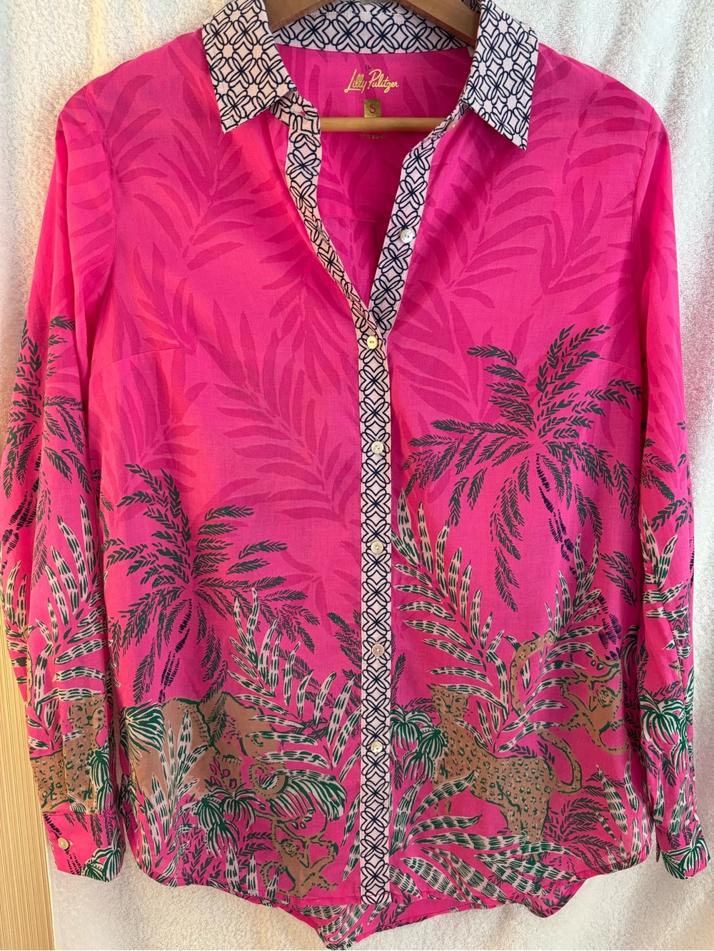 Lilly Pulitzer Hot Pink Tropical Palm-Print Button Down Shirt Sz S